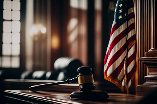 A judge’s gavel rests on a wooden desk next to a United States flag in a courtroom with chairs and large windows in the background.