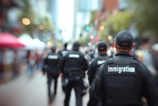 Group of officers wearing uniforms labeled “Immigration” walking down a city street, with pedestrians and buildings visible in the background.