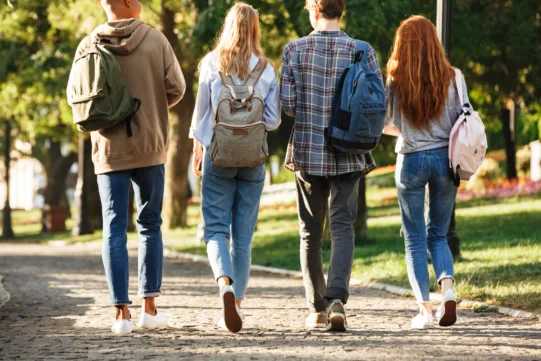 Four young people with backpacks walk together on a stone path in a park, surrounded by trees and greenery.