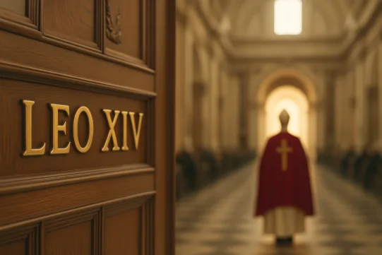 A wooden door labeled “LEO XIV” opens to a grand hall where a person in religious attire with a cross stands in the distance.