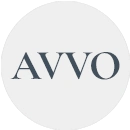 The image displays the word “AVVO” in uppercase serif font centered on a light gray circular background.
