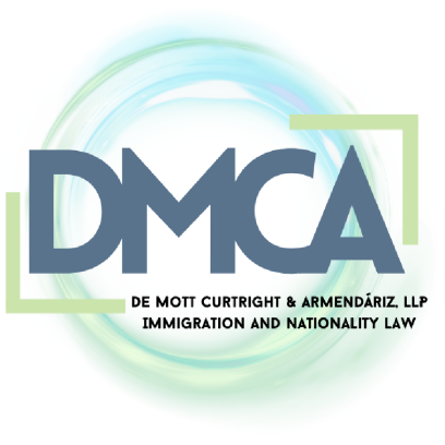 Logo with large letters “DMCA” and text below reading “De Mott Curtright & Armendáriz, LLP Immigration and Nationality Law,” with a green and blue circular design behind the text.