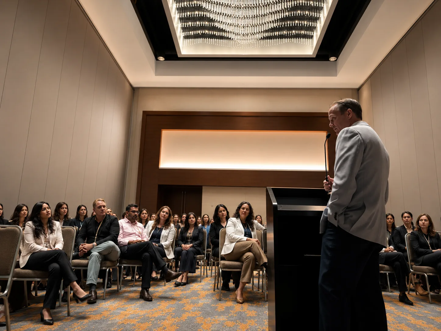 Home A man speaks at a podium to an audience seated in a conference room, with a modern chandelier hanging overhead.